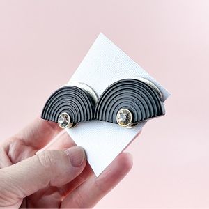 Vintage 1980’s Art Deco Style Black With Rhinestones Clip On Earrings